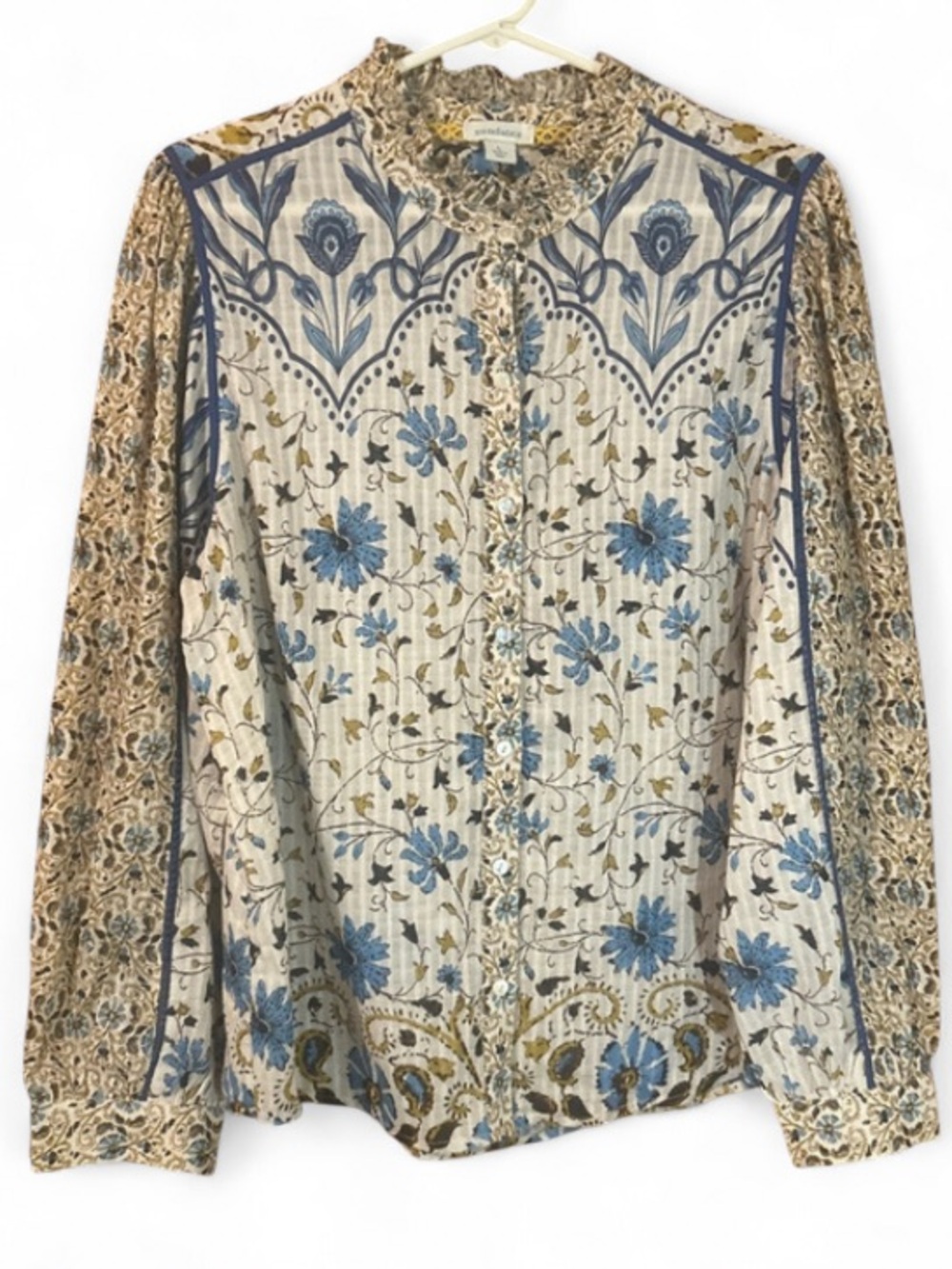 Sundance Floral Button-Up Blouse in Cream, Blue, and Tan